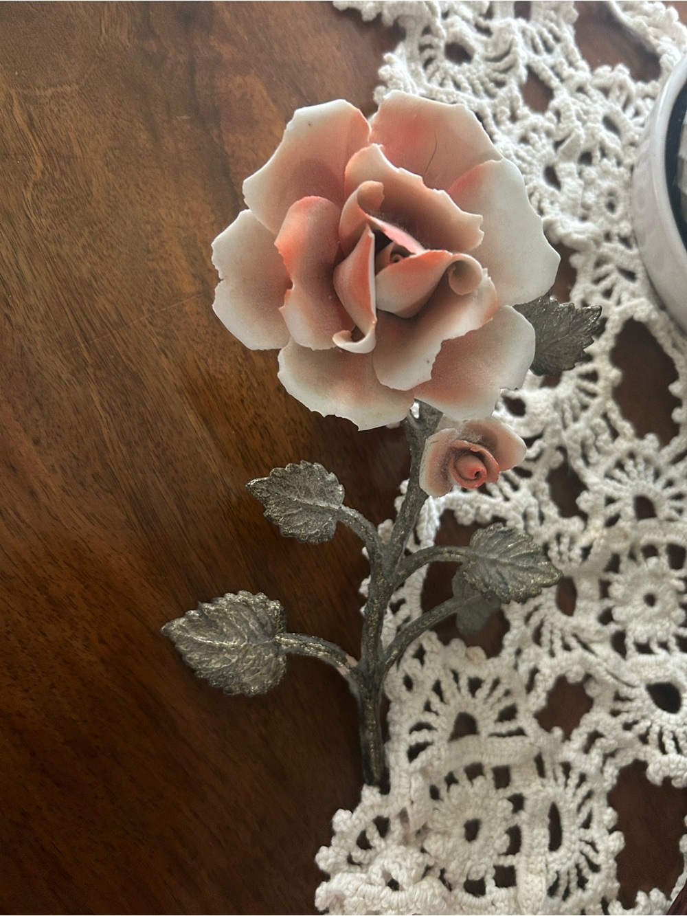 Capodimonte style Decorative Pink Porcelain Rose with Silver Stem - Home Accent